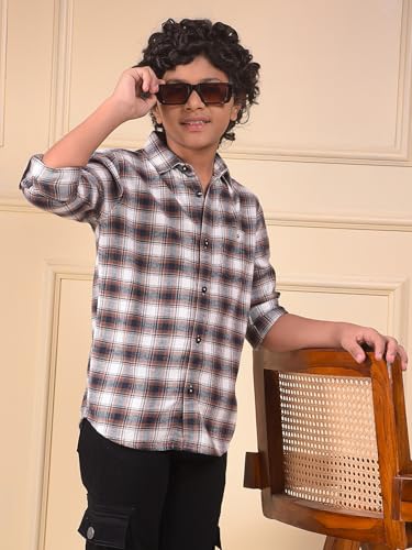 Crimsoune Club Boy's Brown Checked 100% Cotton Shirt (5-6Y)