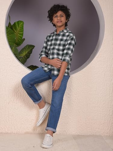 Crimsoune Club Boy's Green Checked 100% Cotton Shirt (5-6Y)