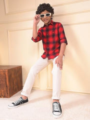 Crimsoune Club Boy's Red Checked 100% Cotton Shirt (9-10Y)