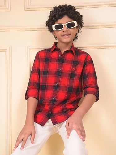 Crimsoune Club Boy's Red Checked 100% Cotton Shirt (9-10Y)