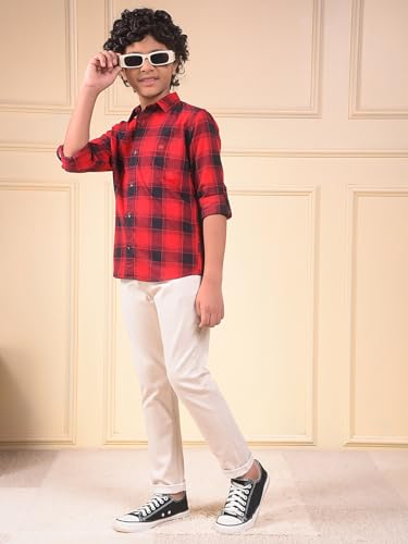 Crimsoune Club Boy's Red Checked 100% Cotton Shirt (9-10Y)
