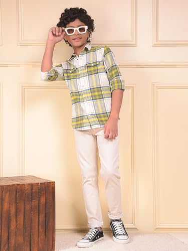 Crimsoune Club Boy's Yellow Checked 100% Cotton Shirt (13-14Y)