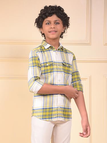 Crimsoune Club Boy's Yellow Checked 100% Cotton Shirt (13-14Y)
