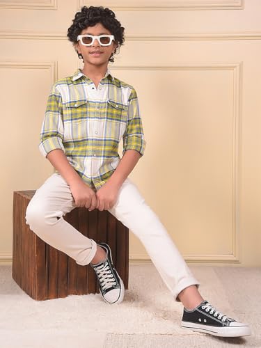 Crimsoune Club Boy's Yellow Checked 100% Cotton Shirt (13-14Y)