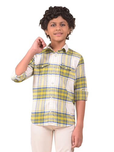 Crimsoune Club Boy's Yellow Checked 100% Cotton Shirt (13-14Y)