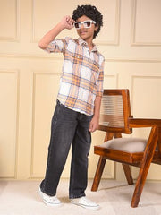 Crimsoune Club Boy's Peach Checked 100% Cotton Shirt (11-12Y)