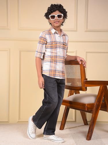 Crimsoune Club Boy's Peach Checked 100% Cotton Shirt (11-12Y)