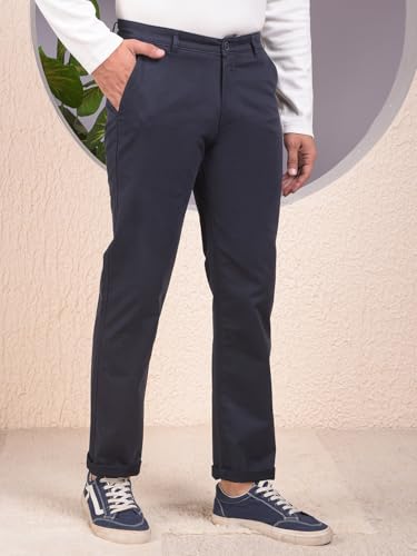 Navy blue men's casual straight trousers by Crimsoune Club, displayed flat with waistband and front pockets visible.