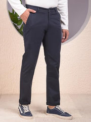 Navy blue men's casual straight trousers by Crimsoune Club, displayed flat with waistband and front pockets visible.