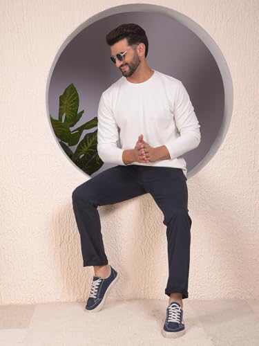 Crimsoune Club men's navy blue straight casual trousers, shown on a model, with a clean, tailored fit and classic style.