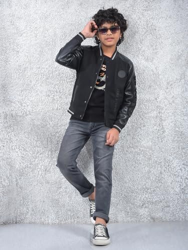 Crimsoune Club Boy's Black Typographic Print Varsity Jacket (7-8Y)