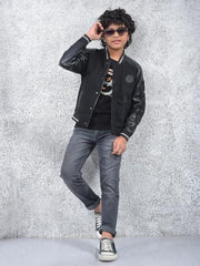 Crimsoune Club Boy's Black Typographic Print Varsity Jacket (7-8Y)