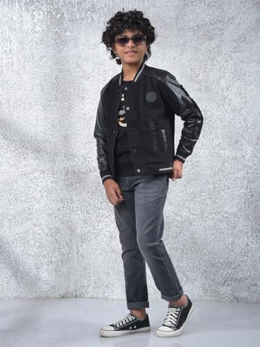 Crimsoune Club Boy's Black Typographic Print Varsity Jacket (7-8Y)