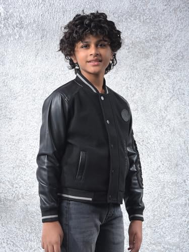 Crimsoune Club Boy's Black Typographic Print Varsity Jacket (7-8Y)