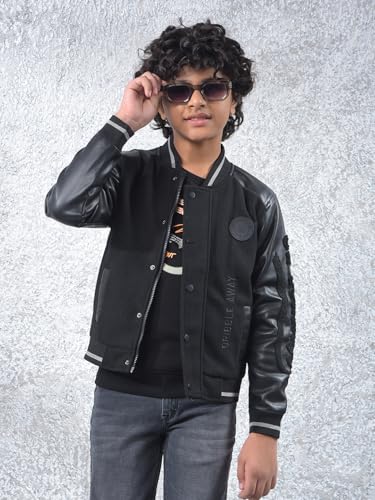 Crimsoune Club Boy's Black Typographic Print Varsity Jacket (7-8Y)