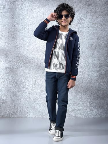 Crimsoune Club Boy's Navy Blue Typographic Print Hooded Neck Bomber Jacket (5-6Y)