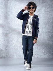 Crimsoune Club Boy's Navy Blue Typographic Print Hooded Neck Bomber Jacket (5-6Y)