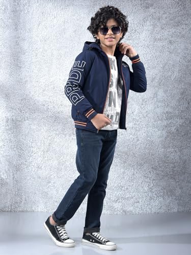 Crimsoune Club Boy's Navy Blue Typographic Print Hooded Neck Bomber Jacket (5-6Y)