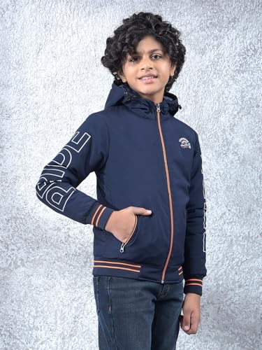 Crimsoune Club Boy's Navy Blue Typographic Print Hooded Neck Bomber Jacket (5-6Y)