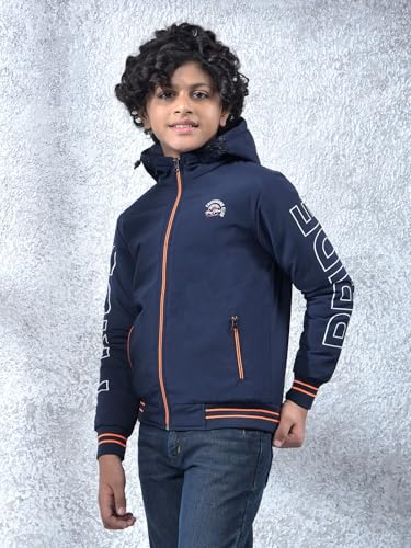 Crimsoune Club Boy's Navy Blue Typographic Print Hooded Neck Bomber Jacket (5-6Y)