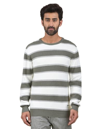 Crimsoune Club Men's Olive Horizontal Stripes 100% Cotton Sweater (XL)