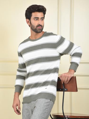 Crimsoune Club Men's Olive Horizontal Stripes 100% Cotton Sweater (XL)