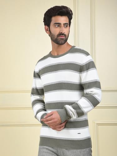 Crimsoune Club Men's Olive Horizontal Stripes 100% Cotton Sweater (XL)