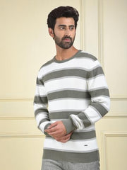 Crimsoune Club Men's Olive Horizontal Stripes 100% Cotton Sweater (XL)