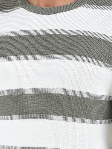 Crimsoune Club Men's Olive Horizontal Stripes 100% Cotton Sweater (XL)
