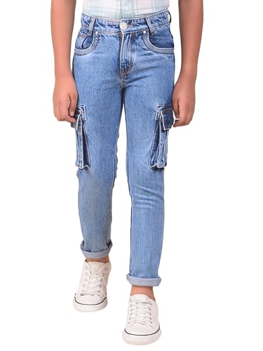 Crimsoune Club Boy's Blue 100% Cotton Straight Cargo Jeans (13-14Y)