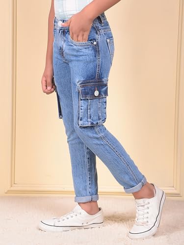 Crimsoune Club Boy's Blue 100% Cotton Straight Cargo Jeans (13-14Y)