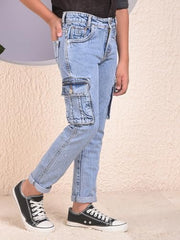 Crimsoune Club Boy's Blue 100% Cotton Straight Cargo Jeans (5-6Y)