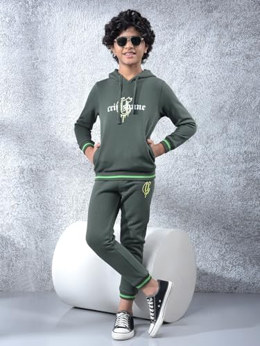 Crimsoune Club Boy's Olive Typographic Print Hooded Neck Sweatshirt (5-6Y)