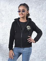 Crimsoune Club Girl's Black Hooded Neck Knitted Sweatshirt (9-10Y)