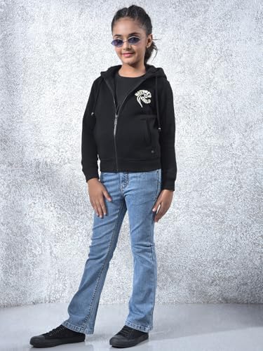 Crimsoune Club Girl's Black Hooded Neck Knitted Sweatshirt (9-10Y)