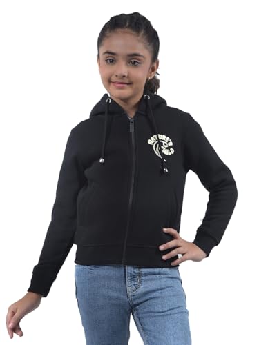 Crimsoune Club Girl's Black Hooded Neck Knitted Sweatshirt (9-10Y)