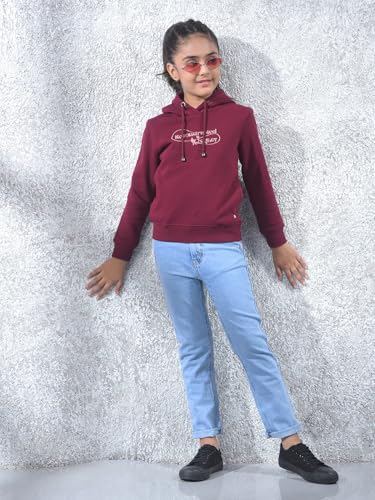 Crimsoune Club Girl's Wine Graphic Print Hooded Neck Knitted Sweatshirt (11-12Y)