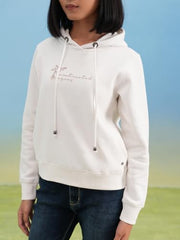 Crimsoune Club Women's White Graphic Print Hooded Neck Sweatshirt