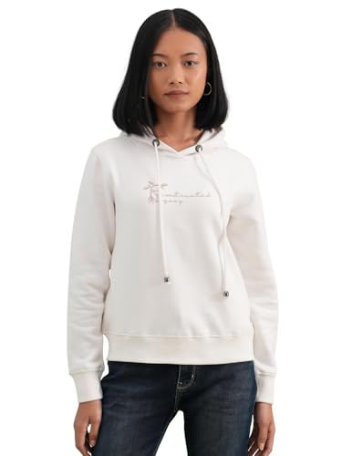 Crimsoune Club Women's White Graphic Print Hooded Neck Sweatshirt