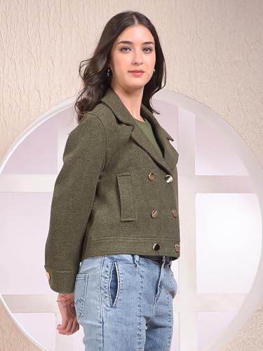Crimsoune Club Women's Olive Notched Lapel Double-Breasted Coat