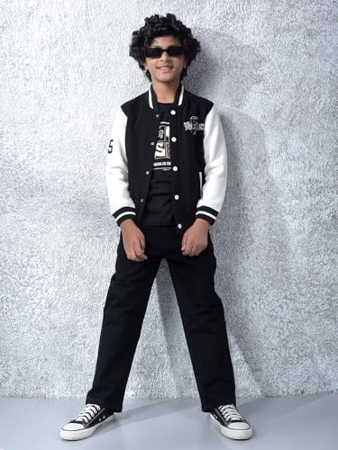 Crimsoune Club Boy's Black Color-Block Varsity Jacket (11-12Y)