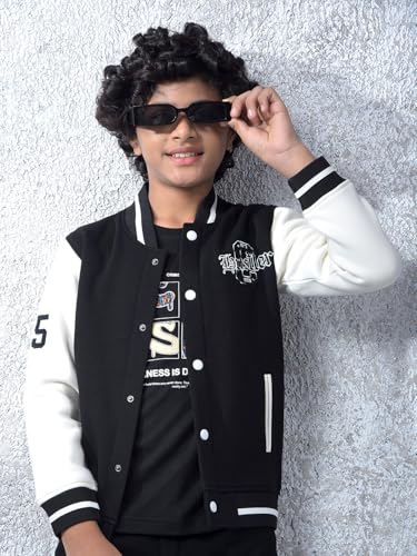 Crimsoune Club Boy's Black Color-Block Varsity Jacket (11-12Y)