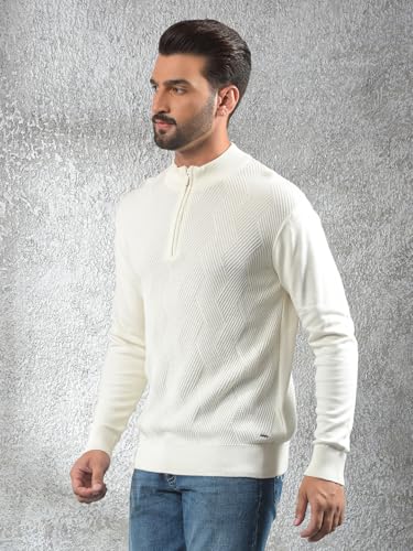 Crimsoune Club Men's Off White Jacquard 100% Cotton Sweater (M)