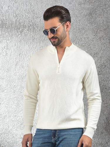 Crimsoune Club Men's Off White Jacquard 100% Cotton Sweater (M)