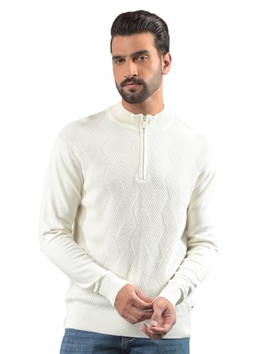 Crimsoune Club Men's Off White Jacquard 100% Cotton Sweater (M)