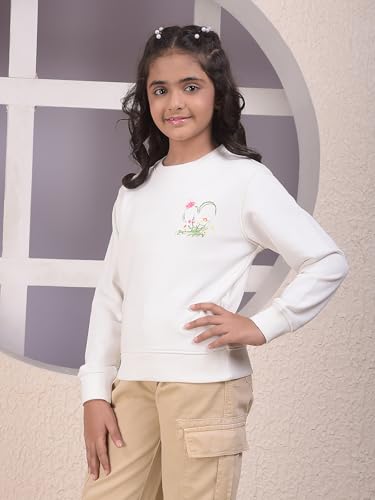 Crimsoune Club Girl's White Graphic Print Sweatshirt (9-10Y)