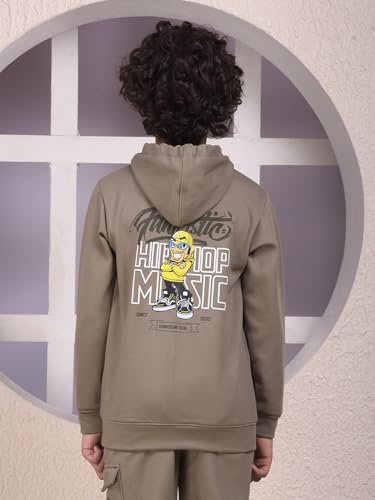 Crimsoune Club Boy's Olive Graphic Print Hooded Neck Sweatshirt (13-14Y)