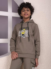 Crimsoune Club Boy's Olive Graphic Print Hooded Neck Sweatshirt (13-14Y)