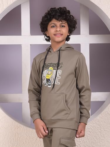 Crimsoune Club Boy's Olive Graphic Print Hooded Neck Sweatshirt (13-14Y)