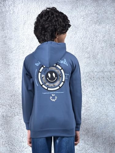 Crimsoune Club Boy's Blue Embellished Hooded Neck Sweatshirt (13-14Y)